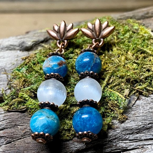 Blue Apatite Selenite Antique Copper Lotus Flower Earrings - Picture 4 of 5
